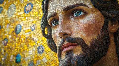 byzantinestyle mosaic portrait of jesus christ rich gold background with intricate tile work capturing solemn expression and symbolic elements in vivid detail photo