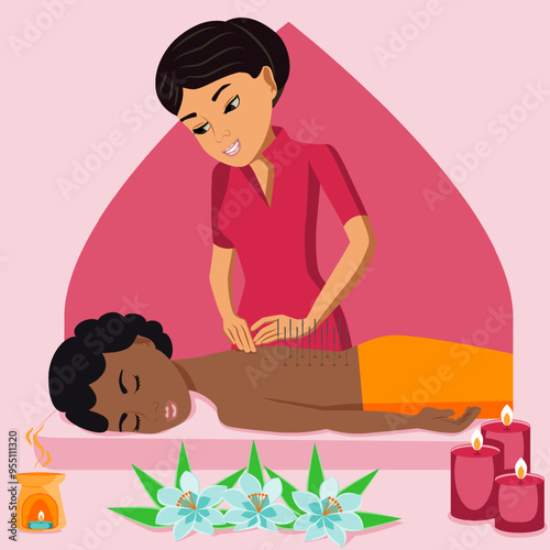 Needle Acupuncture treatment by professional acupuncturist in spa. Isolated flat vector illustration. Eastern and African ethnicity.