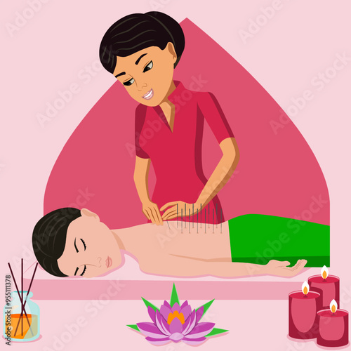 Needle Acupuncture treatment by professional acupuncturist in spa. Isolated flat vector illustration. Eastern and Asian ethnicity.