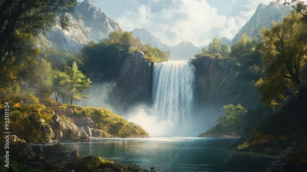 Fototapeta premium Majestic waterfall cascades down a mountainside into a tranquil lake, surrounded by lush greenery.