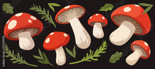 Vector set of bright fly agaric mushrooms and forest green branches on black background