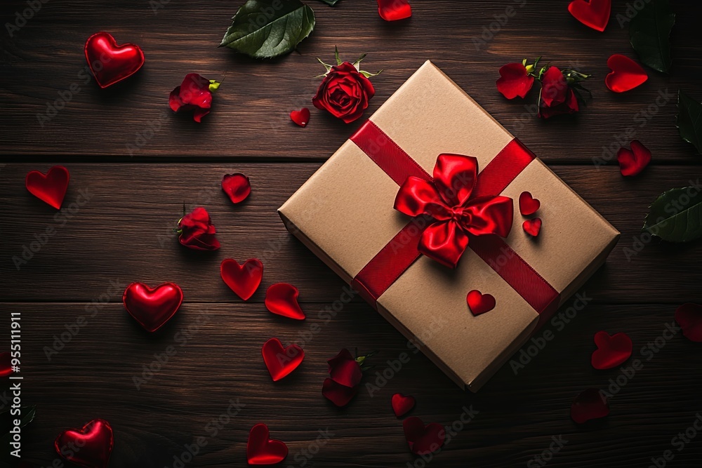 A brown gift box with a red ribbon and bow, surrounded by red hearts and rose petals on a wooden surface. A brown gift box with a red ribbon and bow, surrounded by red hearts and rose petals on a wooden surface.