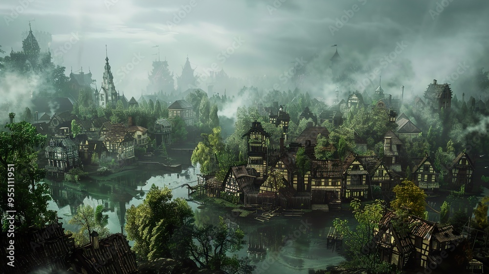 A misty, medieval village nestled on an island, surrounded by a vast lake and dense forest. A misty, medieval village nestled on an island, surrounded by a vast lake and dense forest.