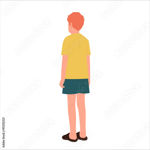 View from back on teenager boy cartoon character standing in angle position isolated on white