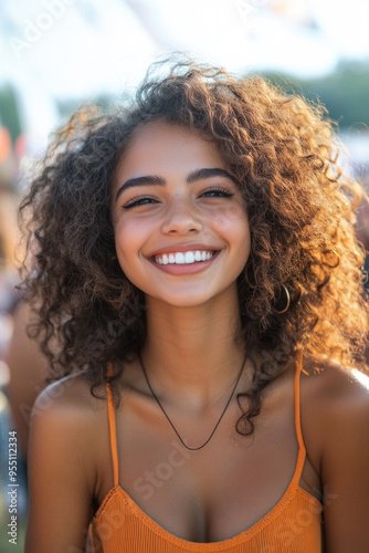 Happy Woman, A cheerful young woman with curly hair is smiling amidst a lively outdoor event, enjoying the vibrant atmosphere and engaging with others