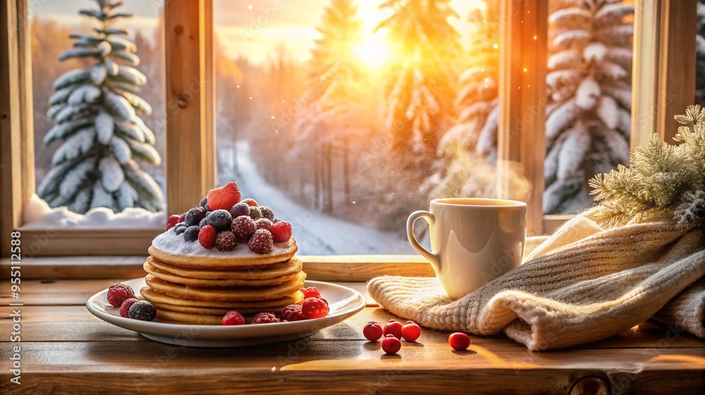 A cozy winter morning with a stack of pancakes topped with various berries accompanied by a steaming cup on a wooden table near a window overlooking a snowy landscape A cozy winter morning with a stack of pancakes topped with various berries accompanied by a steaming cup on a wooden table near a window overlooking a snowy landscape