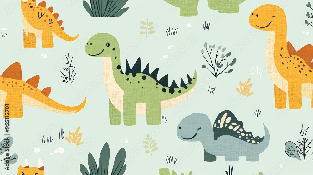 Fototapeta premium Colorful dinosaur patterns with playful designs, perfect for children's decor, clothing, or educational materials.