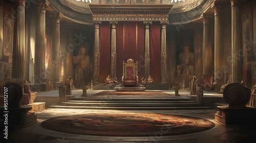 A throne room with a red velvet throne, ornate columns and a large round rug on the floor.
