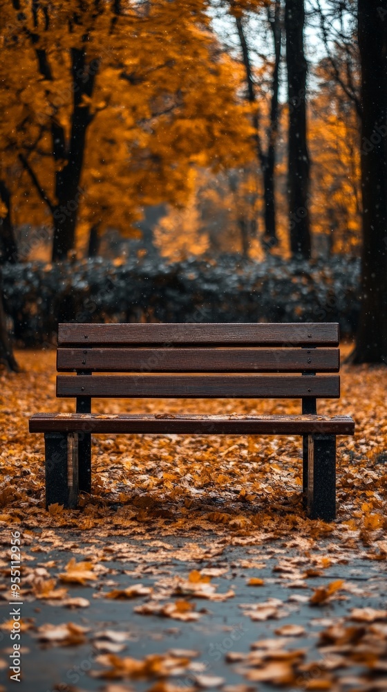 Autumn Serenity: Park Bench Amidst Vibrant Leaves