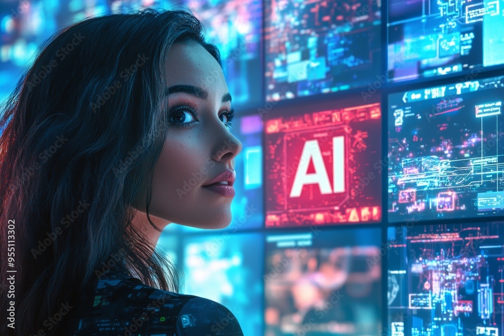 A half body portrait of a beautiful female tv hostess standing in front of a stack of giant digital screens, with text A half body portrait of a beautiful female tv hostess standing in front of a stack of giant digital screens, with text