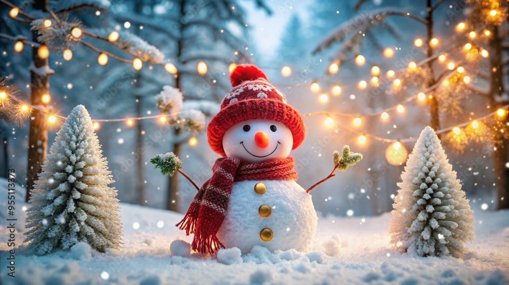 A cheerful snowman with a red hat and scarf stands in a snowy winter forest. Snow-covered trees and festive lights create a magical holiday atmosphere A cheerful snowman with a red hat and scarf stands in a snowy winter forest. Snow-covered trees and festive lights create a magical holiday atmosphere