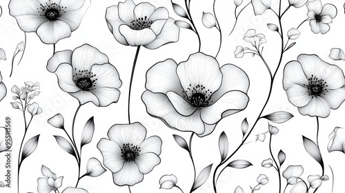Elegant black and white floral illustration featuring delicate flowers and intricate foliage, perfect for decor and design projects.