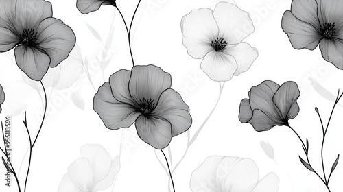 Elegant black and white floral pattern featuring delicate flowers and fine details, perfect for modern design projects.