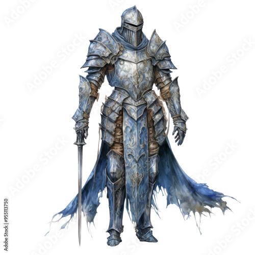 A Knight in Full Plate Armor with a Sword and a Tattered Cape