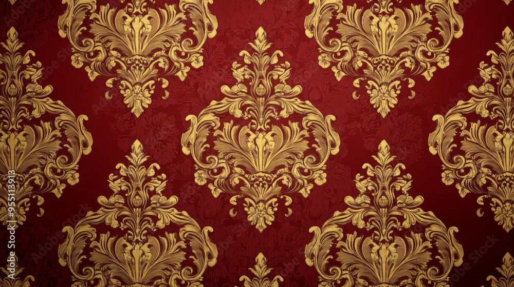 Elegant red and gold damask pattern wallpaper, perfect for luxurious interior design projects. Elegant red and gold damask pattern wallpaper, perfect for luxurious interior design projects.