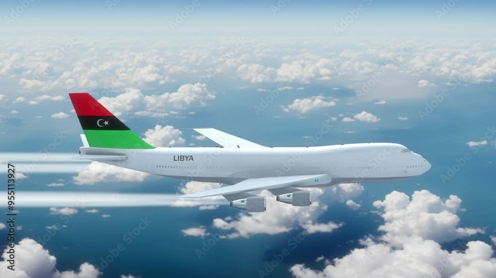 Commercial Airliner Passanger Plane Jumbo Jet Flying over Clouds with Country Flag Libya Commercial Airliner Passanger Plane Jumbo Jet Flying over Clouds with Country Flag Libya