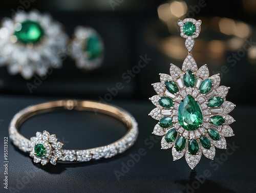 Exquisite jewelry featuring emeralds and diamonds, showcasing elegance and luxury in a stunning arrangement.