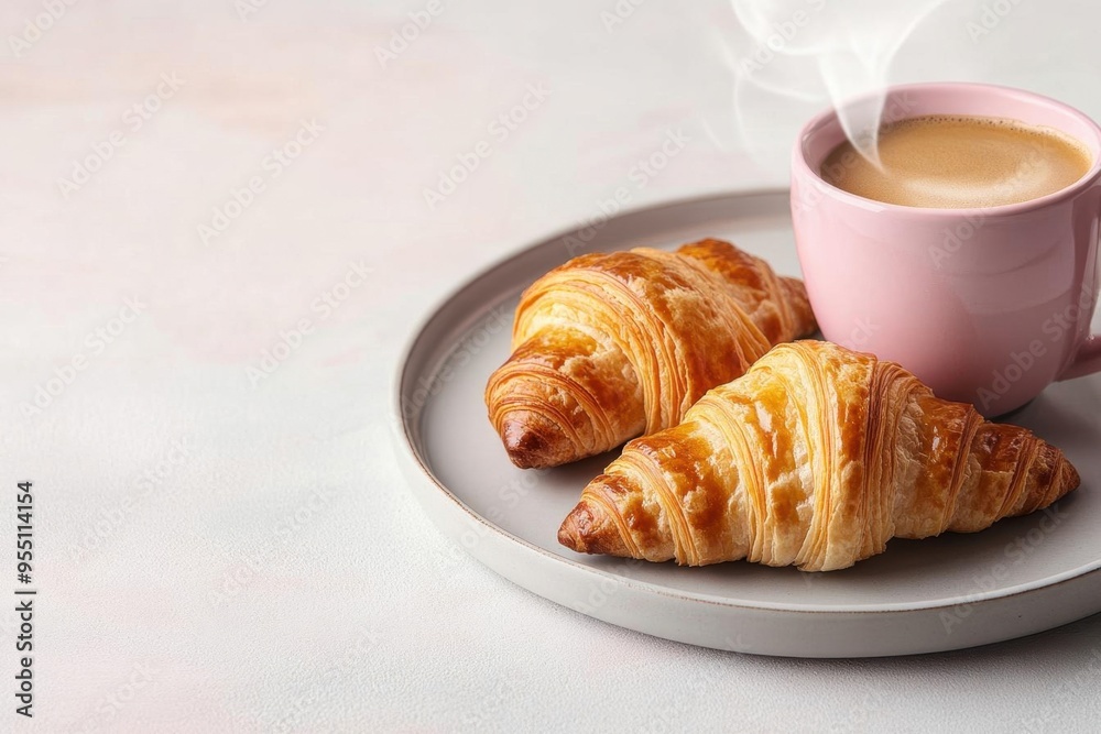 A cozy breakfast nook with a steaming cup of coffee and a plate of croissants, soft watercolor tones, Cozy Breakfast, Relaxing morning A cozy breakfast nook with a steaming cup of coffee and a plate of croissants, soft watercolor tones, Cozy Breakfast, Relaxing morning