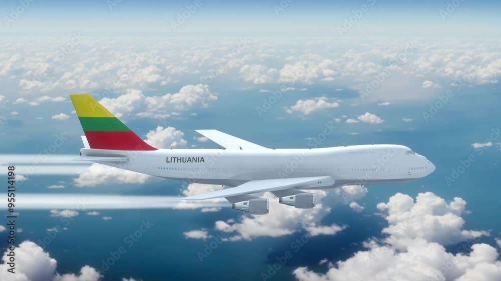 Commercial Airliner Passanger Plane Jumbo Jet Flying over Clouds with Country Flag Lithuania