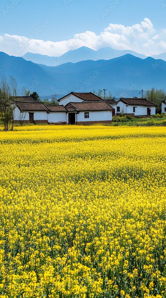 A field of yellow flowers in front of a white house with a blue sky and mountain range. A field of yellow flowers in front of a white house with a blue sky and mountain range.