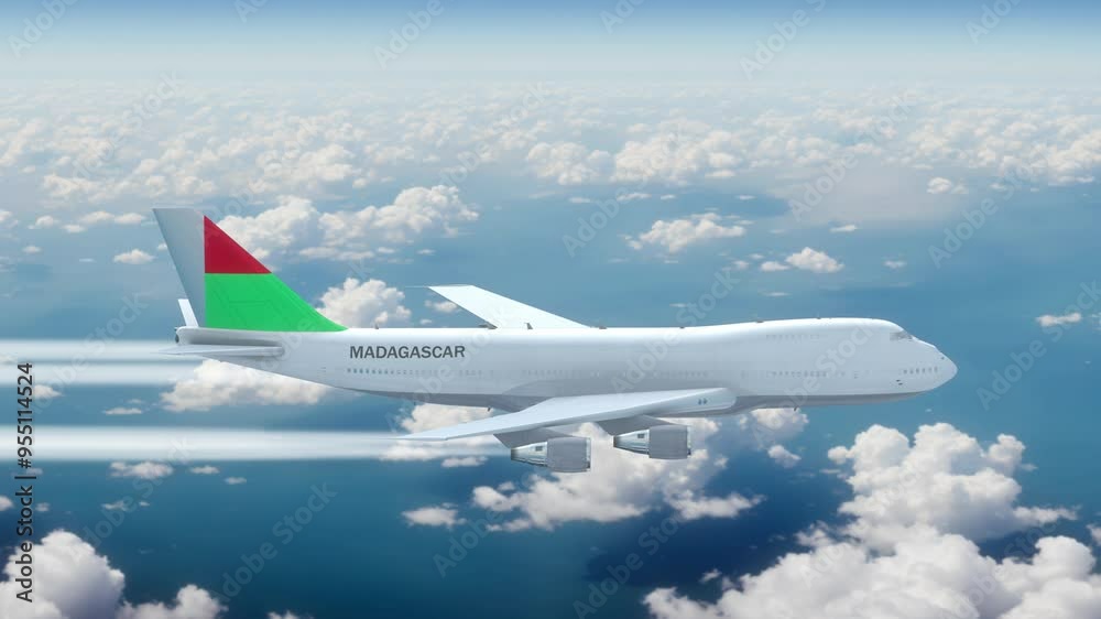 Commercial Airliner Passanger Plane Jumbo Jet Flying over Clouds with Country Flag Madagascar Commercial Airliner Passanger Plane Jumbo Jet Flying over Clouds with Country Flag Madagascar