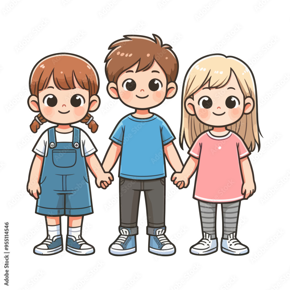 Vector illustration of three happy kids holding hands, representing friendship, unity, and joyful togetherness.