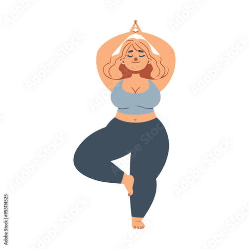 Vector illustration of a curvy woman in a yoga tree pose, focusing on balance and inner peace.