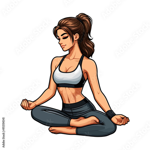 Peaceful vector illustration of a woman practicing yoga in a meditative seated pose, radiating calm and balance.