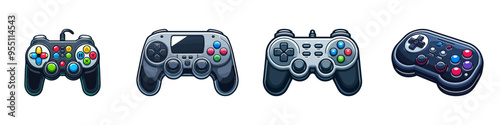 Set of colorful vector illustrations featuring various video game controllers, perfect for gaming-related designs.