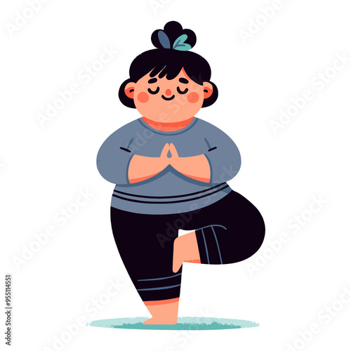 Vector illustration of a curvy woman in a yoga tree pose, focusing on balance and inner peace, rendered in a minimalist style.