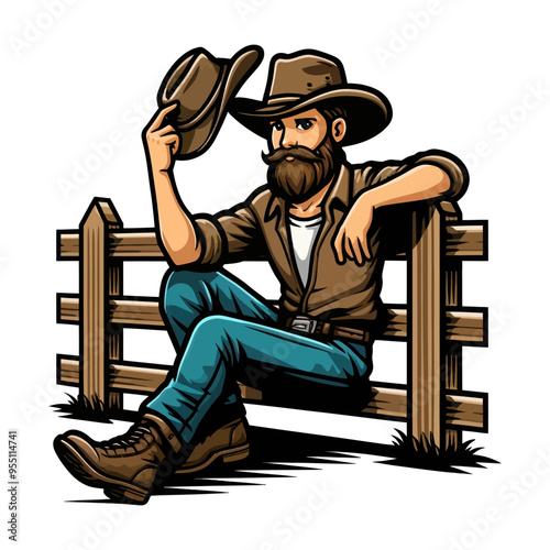Vector illustration of a relaxed cowboy sitting on a fence, tipping his hat. Perfect for Western-themed designs.