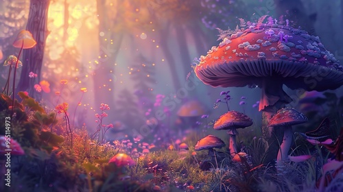 A magical forest scene with glowing mushrooms and fireflies.