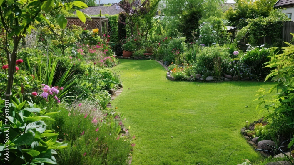Lush Backyard Garden with Green Grass and Flowers Lush Backyard Garden with Green Grass and Flowers
