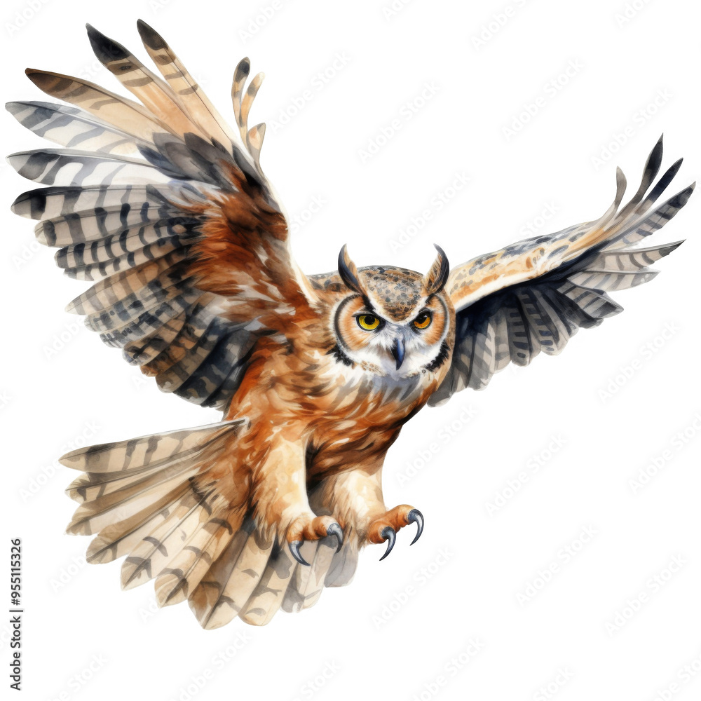 Naklejka premium Watercolor Painting of a Great Horned Owl in Flight