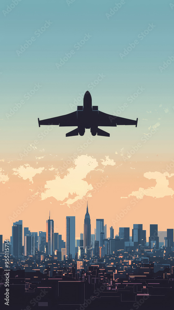 A Fighter Jet Soars Above a City Skyline as the Sun Sets, Casting a Golden Glow Across the Buildings. A Fighter Jet Soars Above a City Skyline as the Sun Sets, Casting a Golden Glow Across the Buildings.