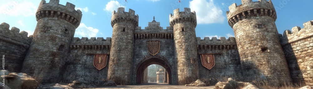 Medieval castle gatehouse, with a drawbridge, stone towers, and crenelated battlements, 3D architecture Medieval castle gatehouse, with a drawbridge, stone towers, and crenelated battlements, 3D architecture