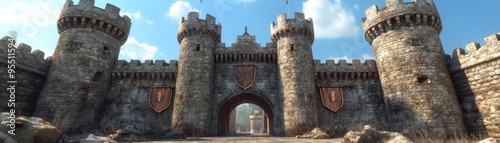 Medieval castle gatehouse, with a drawbridge, stone towers, and crenelated battlements, 3D architecture