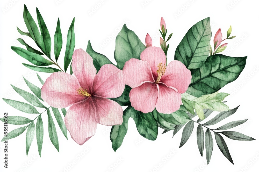 Watercolor pink hibiscus flowers and green tropical leaves isolated on white background. Watercolor pink hibiscus flowers and green tropical leaves isolated on white background.