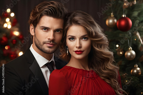 young beautiful attractive smart couple in love hugging among holiday lights, new year, christmas tree, woman in red dress, man in tuxedo, portrait, romance, model, lovers, love, cozy home