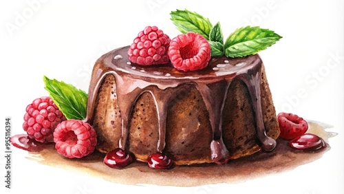 Decadent watercolor of a chocolate lava cake topped with raspberries