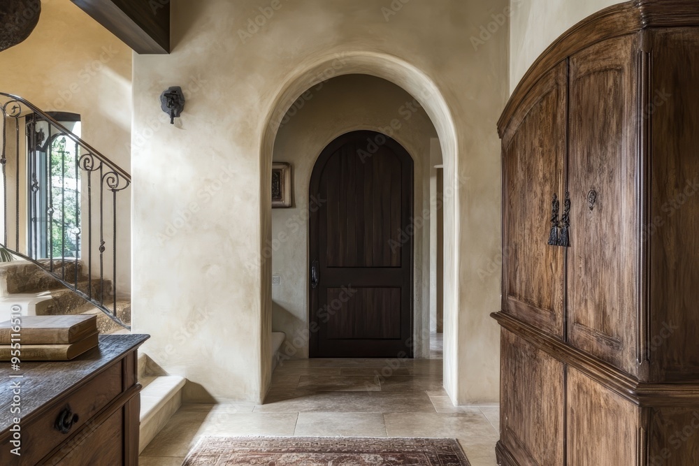 Interior shot of a hallway with an arched doorway, wooden cabinets, and a stone staircase.