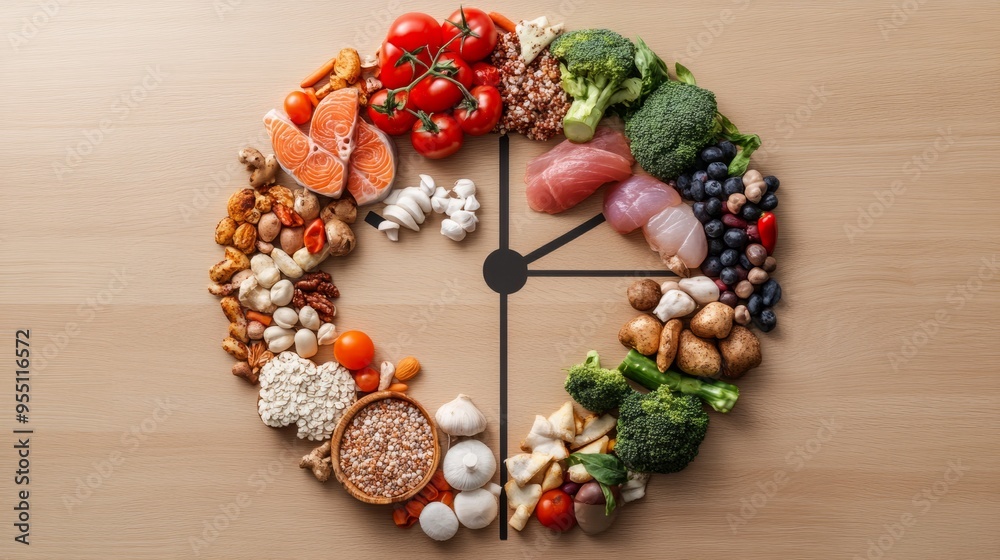 Healthy food clock with assorted vegetables, fruits, legumes, grains and fish on a wooden background. Healthy food clock with assorted vegetables, fruits, legumes, grains and fish on a wooden background.