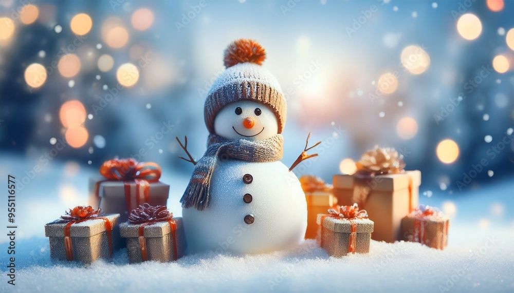 Obraz premium A snowman standing in the snow surrounded by gifts. Christmas background