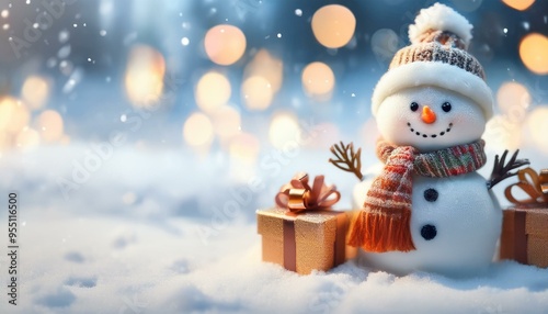 A snowman standing in the snow surrounded by gifts. Christmas background