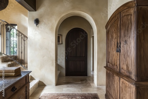 Interior shot of a hallway with an arched doorway, wooden cabinets, and a stone staircase.