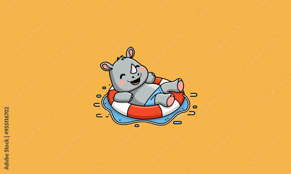 A cute rhino happily floating on a lifebuoy in the water A cute rhino happily floating on a lifebuoy in the water