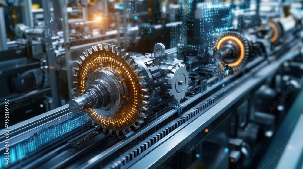 Fototapeta premium Digital factory powered by cloud automation, gears and machinery made of data, illustrating industrial performance optimization