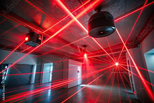 Red laser beams crisscross a dark room, triggering a blaring security alarm system with flashing lights and sirens, signaling a high-level intrusion threat.