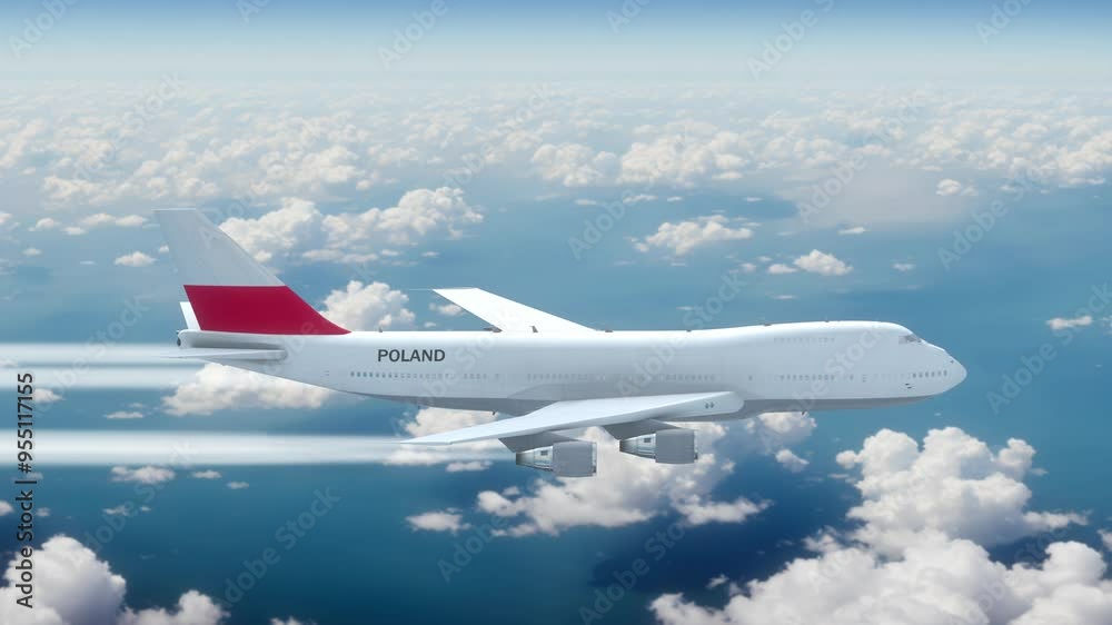 Commercial Airliner Passanger Plane Jumbo Jet Flying over Clouds with Country Flag Poland Commercial Airliner Passanger Plane Jumbo Jet Flying over Clouds with Country Flag Poland
