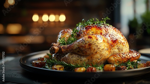 Golden-brown roast chicken, garnished with herbs, 3D illustration photo